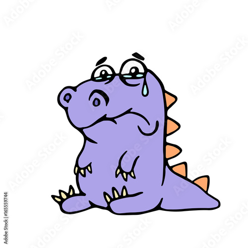 Cartoon purple sad dino. Vector illustration.