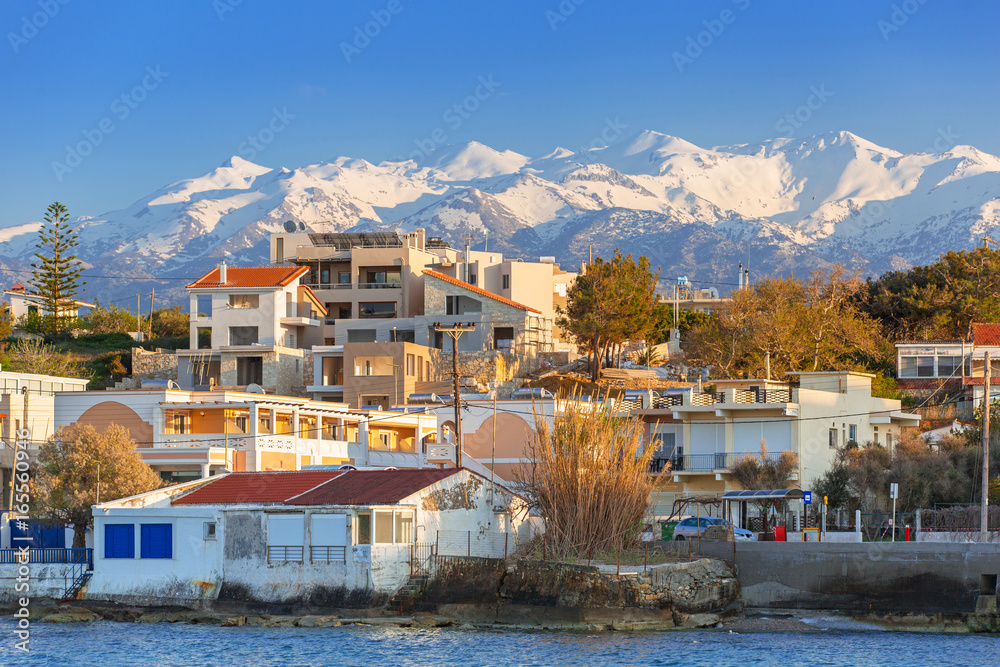 Coastline of Kato Galatas town with Samaria mountains on Crete, Greece
