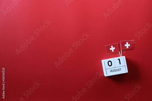 AUGUST 1 Wooden calendar Concept independence day of Switzerland and Switzerland national day.Copy space,minimal style