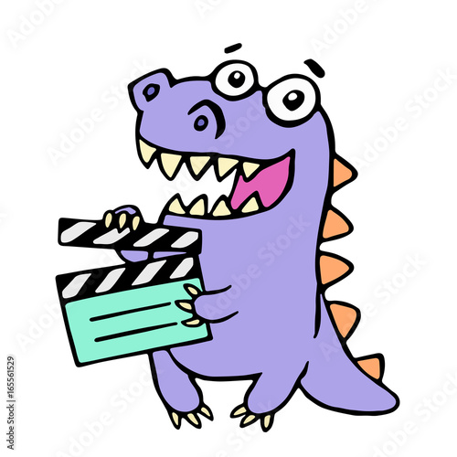 Happy purple dragon with movie clapper board. Vector illustration.