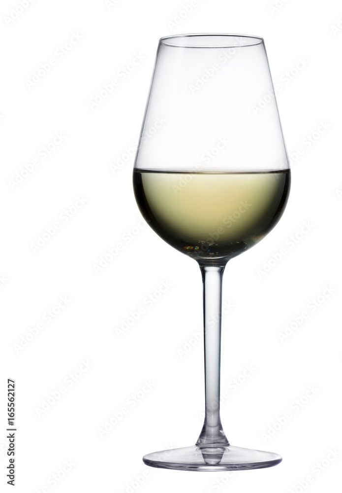 High glass with still white wine isolated on white background High glass with still white wine isolated on white background