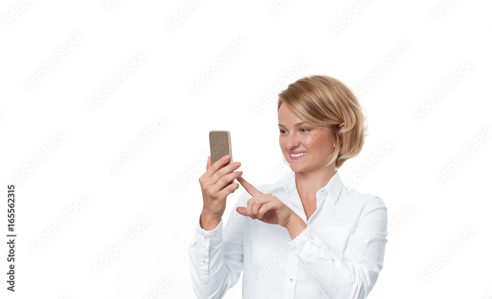 Business woman holding smartphone on white background Business woman holding smartphone on white background