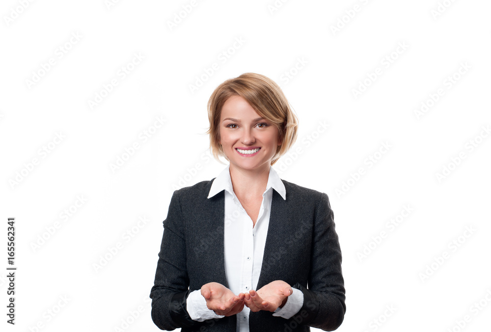 Business woman hold open palm with empty copy space. Business woman hold open palm with empty copy space.