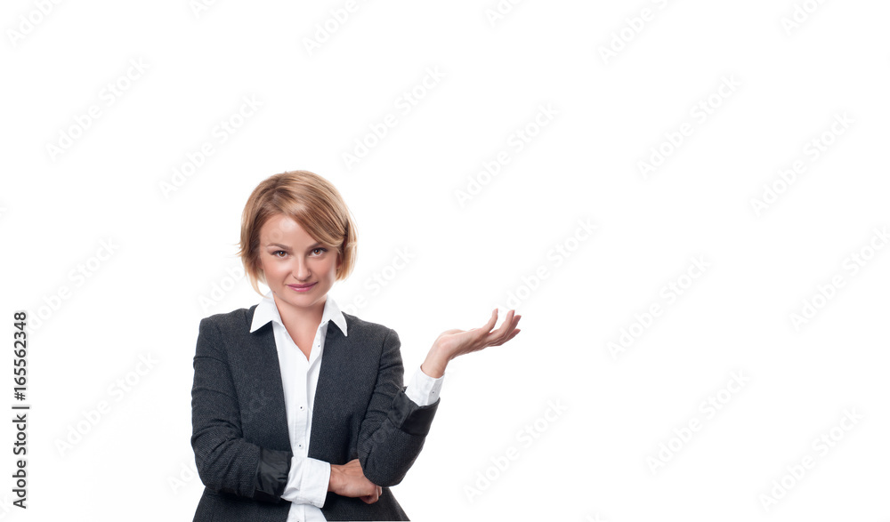 Business woman hold open palm with empty copy space. Business woman hold open palm with empty copy space.