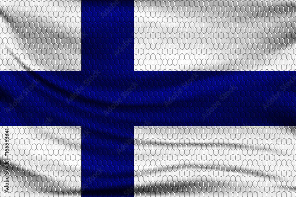 Obraz premium National flag of Finland on wavy fabric with a volumetric pattern of hexagons. Vector illustration.