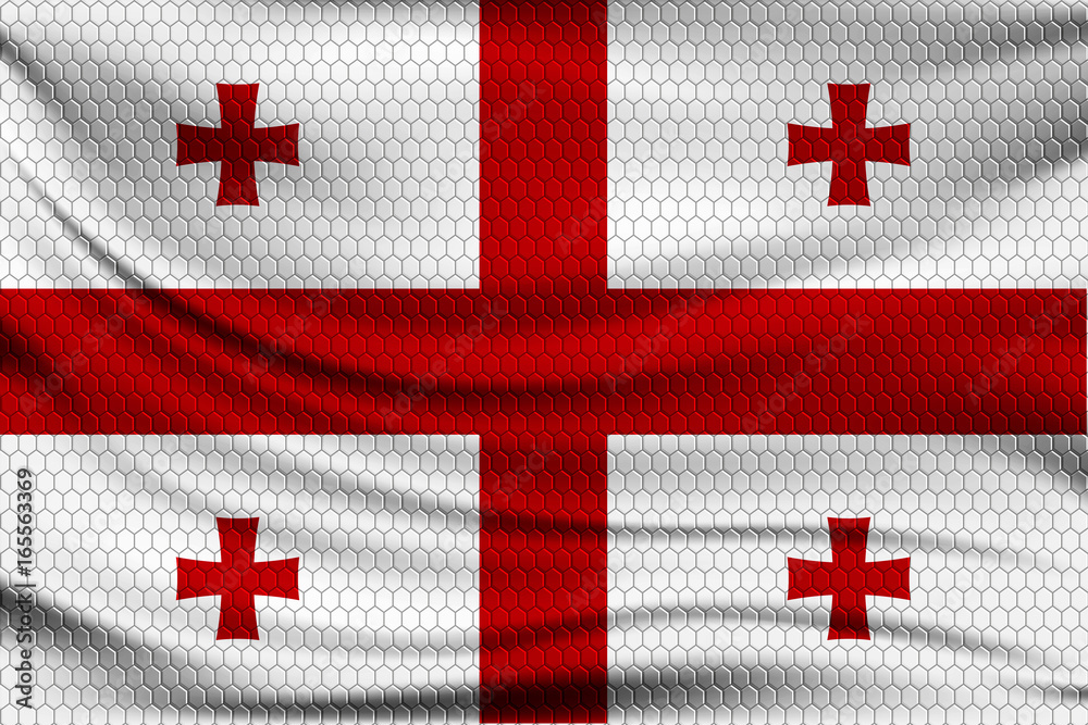 National flag of Georgia on wavy fabric with a volumetric pattern of hexagons. Vector illustration. National flag of Georgia on wavy fabric with a volumetric pattern of hexagons. Vector illustration.