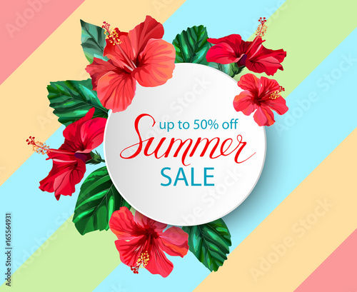 Summer sale announcement poster, banner, flyer with composition of lettering on hibiscus flowers and leaves background