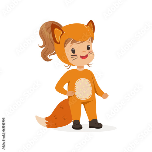 Cute happy little girl dressed as a fox, kids carnival costume vector Illustration