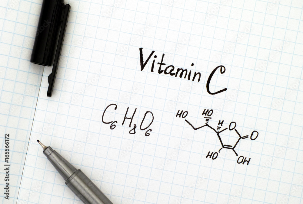 Chemical formula of Vitamin C with pen Chemical formula of Vitamin C with pen