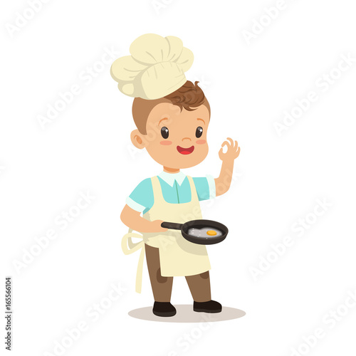 Cute little boy chef frying egg in a flying pan vector Illustration