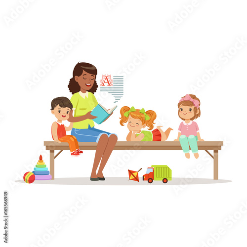 Teacher reading a book to kids while sitting on a bench, children enjoy listening, kids education and upbringing in preschool or kindergarten, colorful characters