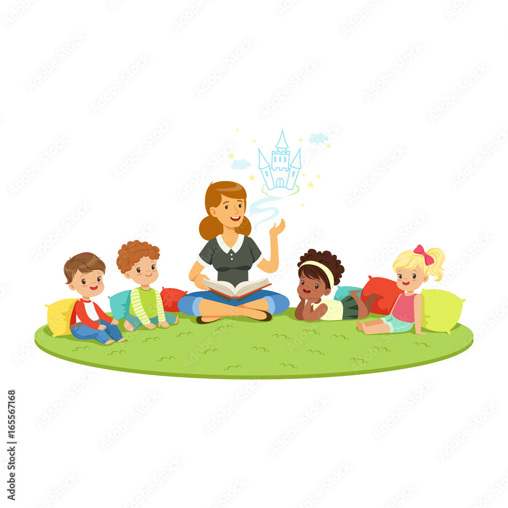 Teacher reading a fairytale to kids while sitiing on a carpet, childrens education and upbringing in school, preschool or kindergarten, colorful characters