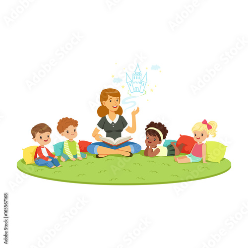 Teacher reading a fairytale to kids while sitiing on a carpet  childrens education and upbringing in school  preschool or kindergarten  colorful characters