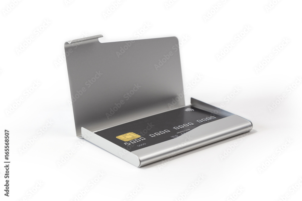 Metal business card holder with black credit card Metal business card holder with black credit card