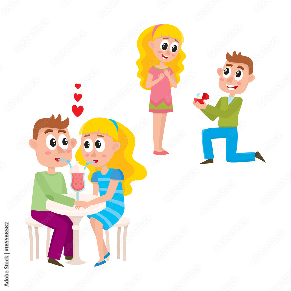 Loving couple, dating and making proposal, romantic relationships, cartoon, comic style vector illustration isolated on white background. Loving couple, dating then making proposal and going to marry Loving couple, dating and making proposal, romantic relationships, cartoon, comic style vector illustration isolated on white background. Loving couple, dating then making proposal and going to marry