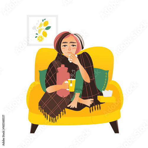 Woman sick, having cold, flu, sitting in armchair wrapped in blanket with paper tissues and hot tea, flat vector illustration isolated on white background. Flat style woman having flu, sitting on sofa