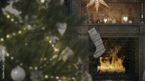 cozy christmas interior with firelace and christmastree. 3D RENDERING photo