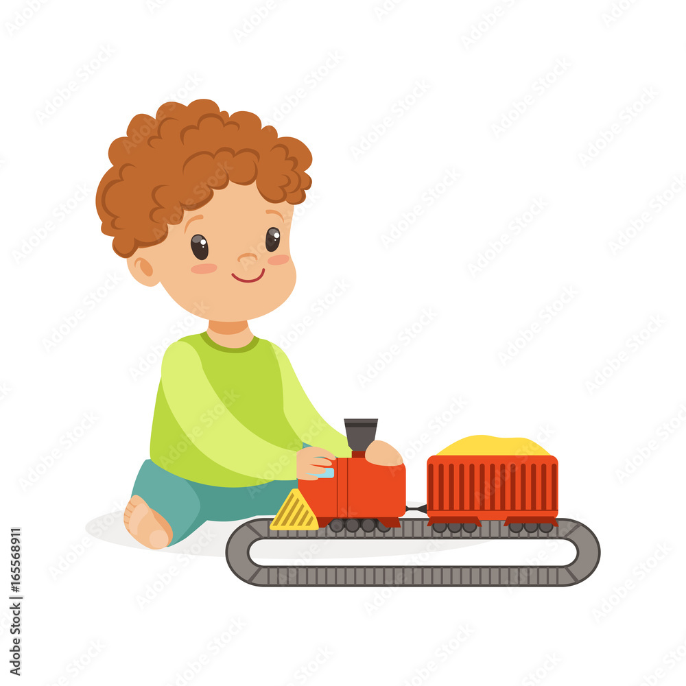 Sweet little boy playing playing with toy railway road and train, colorful character vector Illustration Sweet little boy playing playing with toy railway road and train, colorful character vector Illustration