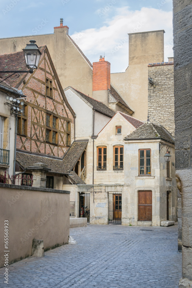 View of the street, where you find the lucky owl of Dijon, Burgundy, France