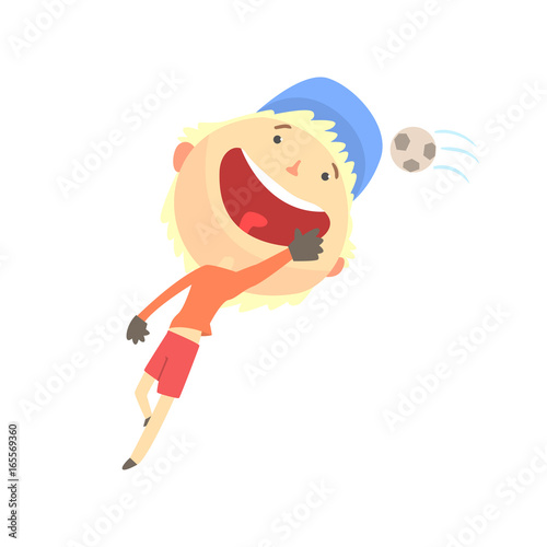 Cool smiling cartoon boy playing football, kids outdoor activity, colorful character vector Illustration