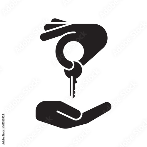 Hand giving key to another hand glyph icon