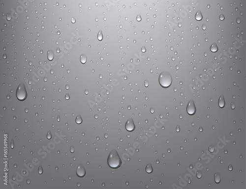 Realistic pure water drops on isolated background. Steam shower condensation on vertical surface. Vector illustration.