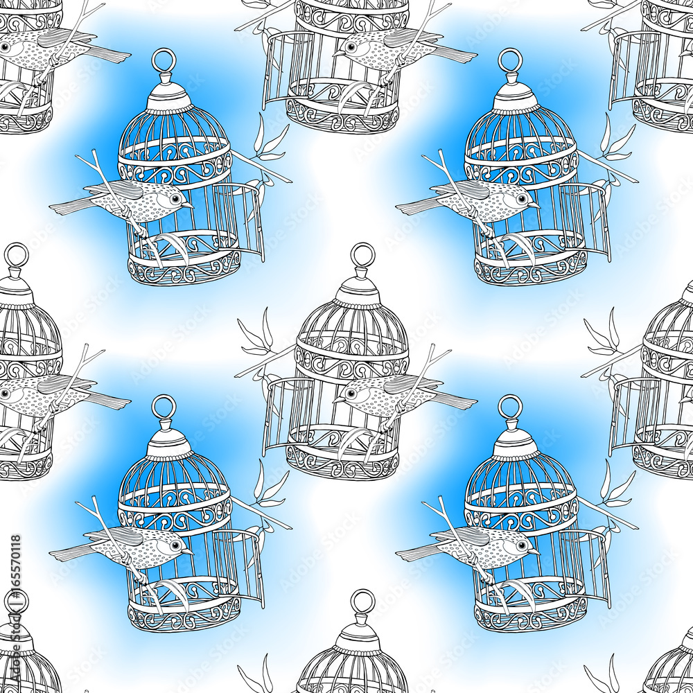 Seamless pattern with image of bird and cage on blue background. Vector illustration. Seamless pattern with image of bird and cage on blue background. Vector illustration.
