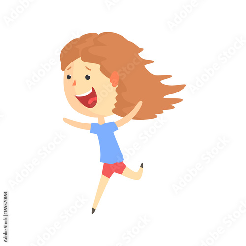 Happy smiling cartoon girl running, kids outdoor activity in summer vacation colorful character vector Illustration