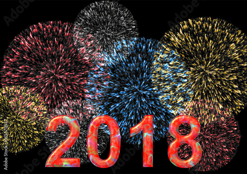 Bunte Jahreszahl 2018 mit buntem Feuerwerk auf schwarzem Hintergrund im Querformat