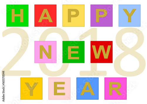 Bunter Schriftzug „Happy New Year“ aus bunten Quadraten gebildet und im Hintergrund die große Jahreszahl 2018