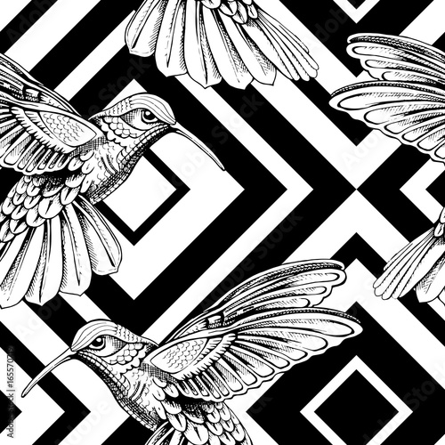 Seamless pattern with image of a Hummingbird on a geometric background. Vector illustration.
