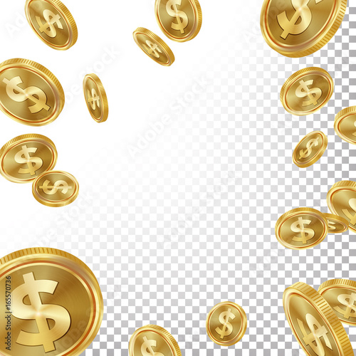 Jackpot Winner Background Vector. Falling Explosion Gold Coins Illustration. For Online Casino, Card Games, Poker, Roulette. Transparent