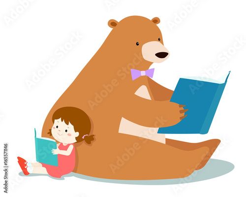 Cute girl and fluffy bear are reading a book vector.