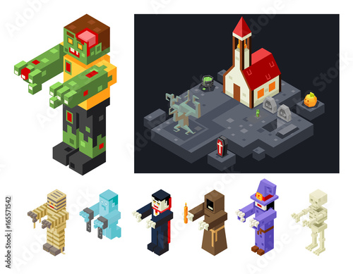 Halloween Monsters Icons Set Curse Evil Flat Design Isometric 3d Game Vector Illustration