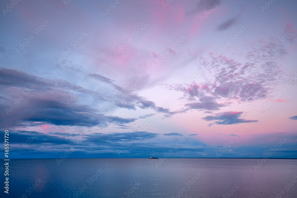 Pink Sunset Lake Superior with Boat Ship