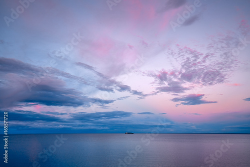 Pink Sunset Lake Superior with Boat Ship © Like
