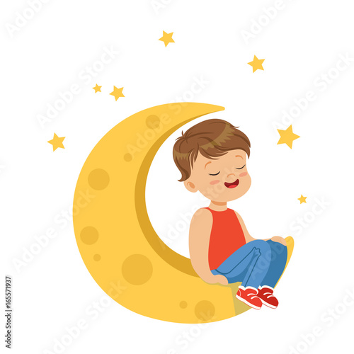 Sweet little boy with closed eyes sitting on the moon, kids imagination and fantasy, colorful character vector Illustration