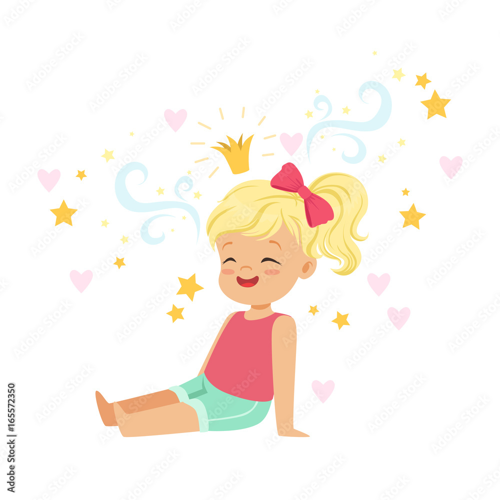 Cute blonde little girl sitting and dreaming about princess, kids imagination and fantasy, colorful character vector Illustration Cute blonde little girl sitting and dreaming about princess, kids imagination and fantasy, colorful character vector Illustration
