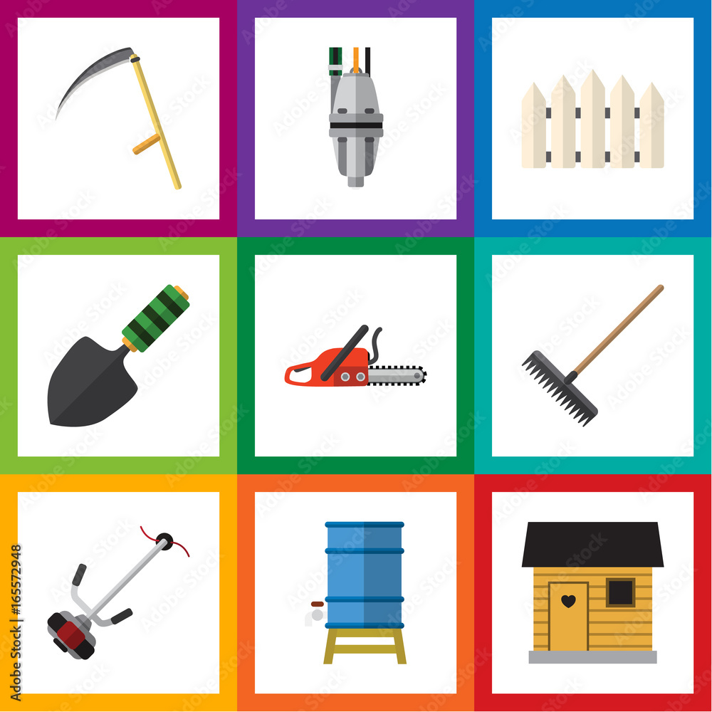 Flat Icon Garden Set Of Trowel, Wooden Barrier, Harrow And Other Vector