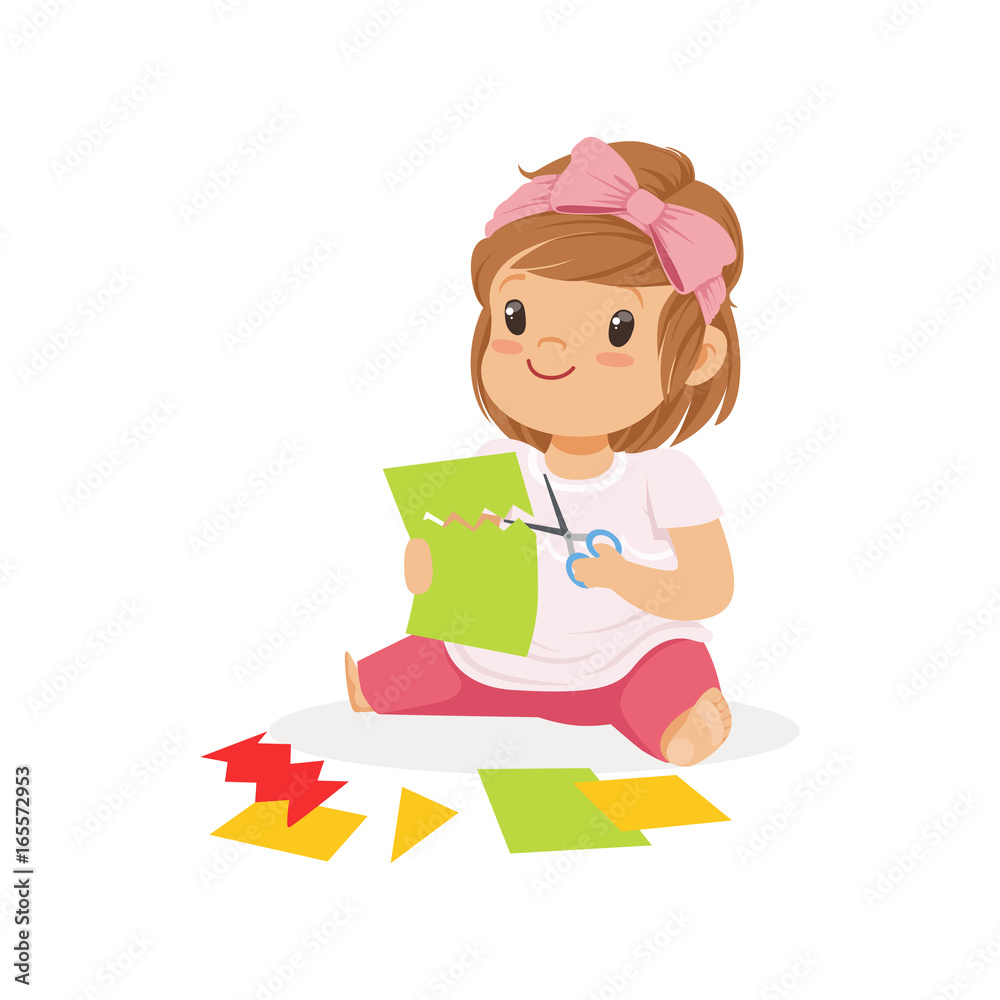 Cute little girl сutting an application details, kids creativity, education and child development, colorful character vector Illustration