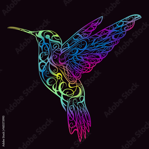 Hummingbird with floral ornament. Design concept for print, card, poster. Colorful hand drawn vector illustration