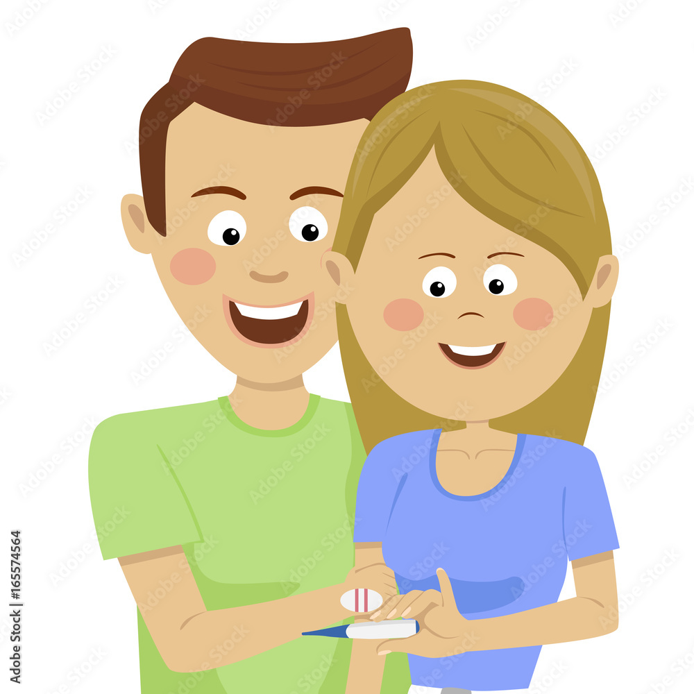 Young happy couple holding a pregnancy test with positive result Young happy couple holding a pregnancy test with positive result