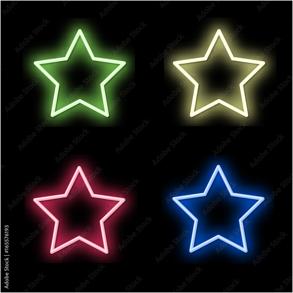 Set 4 neon signs of the star. Red, yellow, blue and green neon star. Vector illustration. Set 4 neon signs of the star. Red, yellow, blue and green neon star. Vector illustration.