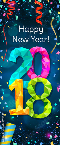 Happy New Year 2018 greeting vertical banner. Festive illustration with colorful confetti, party popper and sparkles. Vector