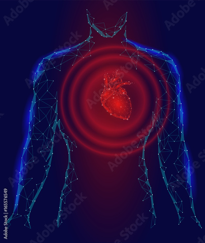 Man silhouette heart beats 3d medicine disease model low poly. Triangle connected dots glow point red blue background. Wave pain impulse from internal body vector illustration