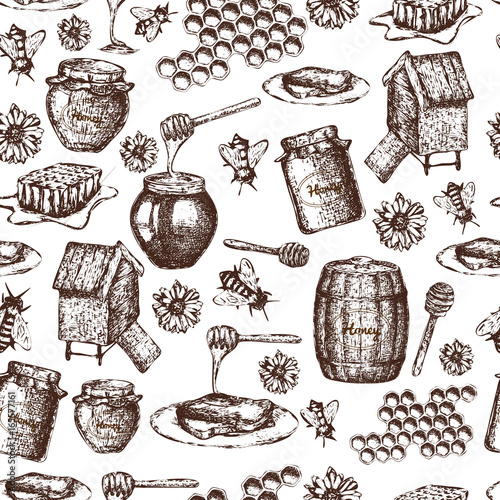 Hand drawn ink sketch illustration,  seamless honey background, organic nature products. Vector