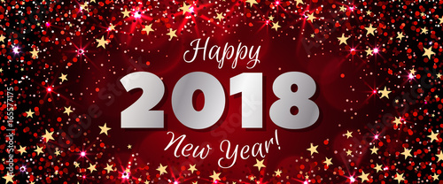 Happy New Year 2018 greeting horizontal banner. Festive illustration with colorful confetti, party popper and sparkles. Vector
