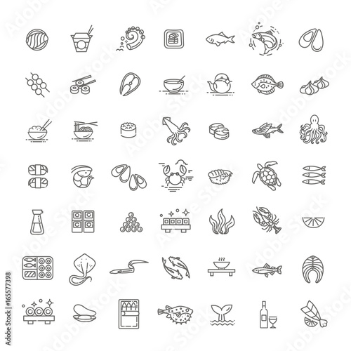Fish and seafood - outline icon collection, vector for restaurant menu
