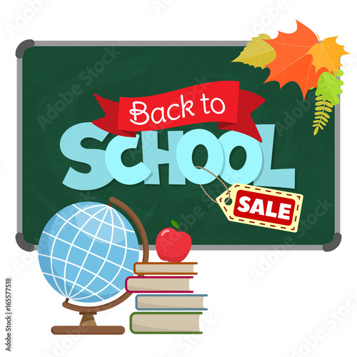 Back to school greeting on green blackboard, First day of school sale. Vector