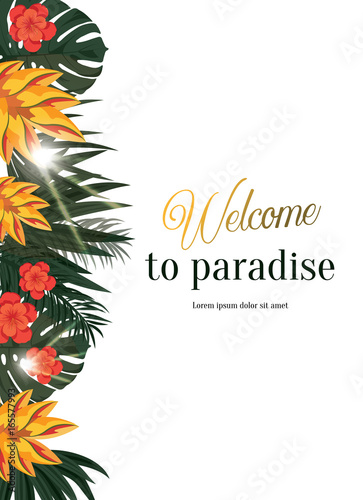 Tropical vector poster with tropical leaves and flowers. Illustration